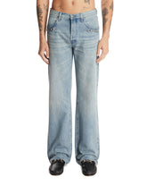 Blue Denim Flare Trousers with Horsebit | PDP | Antonia