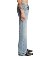 Blue Denim Flare Trousers with Horsebit | PDP | Antonia