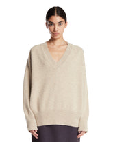 Beige Wool V-Neck Sweater | PDP | Antonia