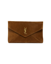 Brown Suede Large Cassandre Envelope Pouch | PDP | Antonia
