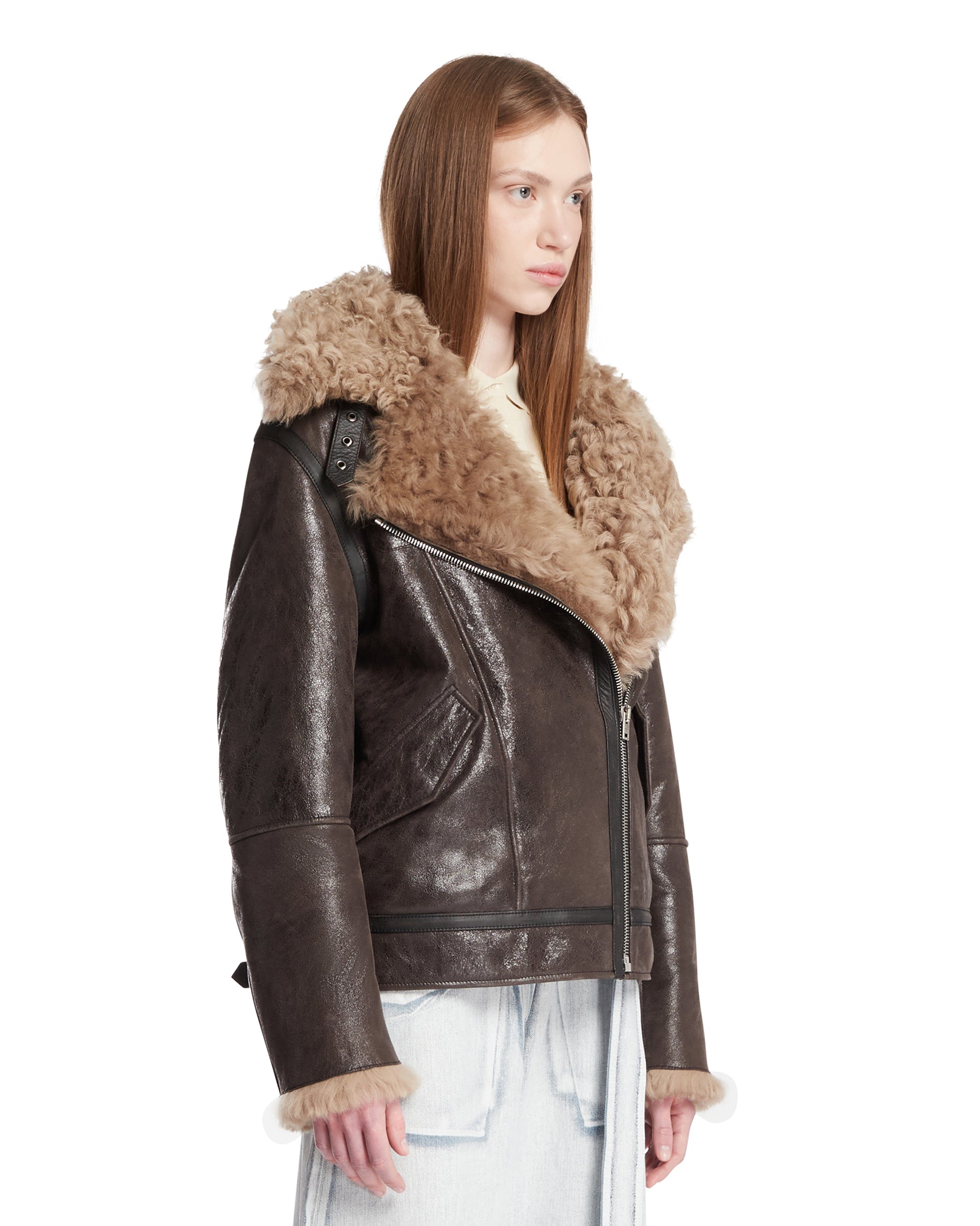 Brown Leather Shearling Jacket | ACNE STUDIOS - Antonia