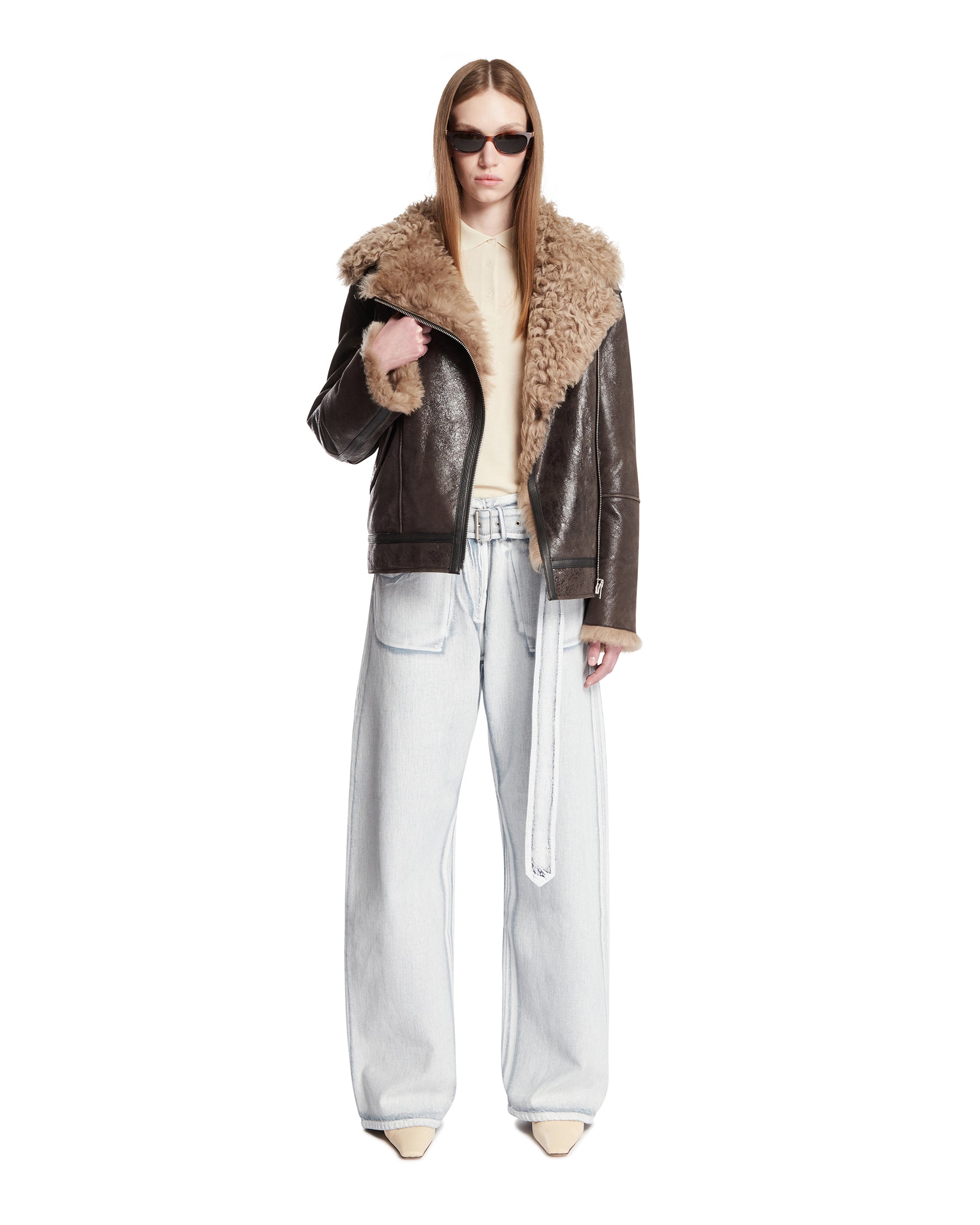 Brown Leather Shearling Jacket | ACNE STUDIOS - Antonia