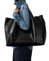 LM1 Black Matte Croc-Embossed Leather Tote | PDP | Antonia