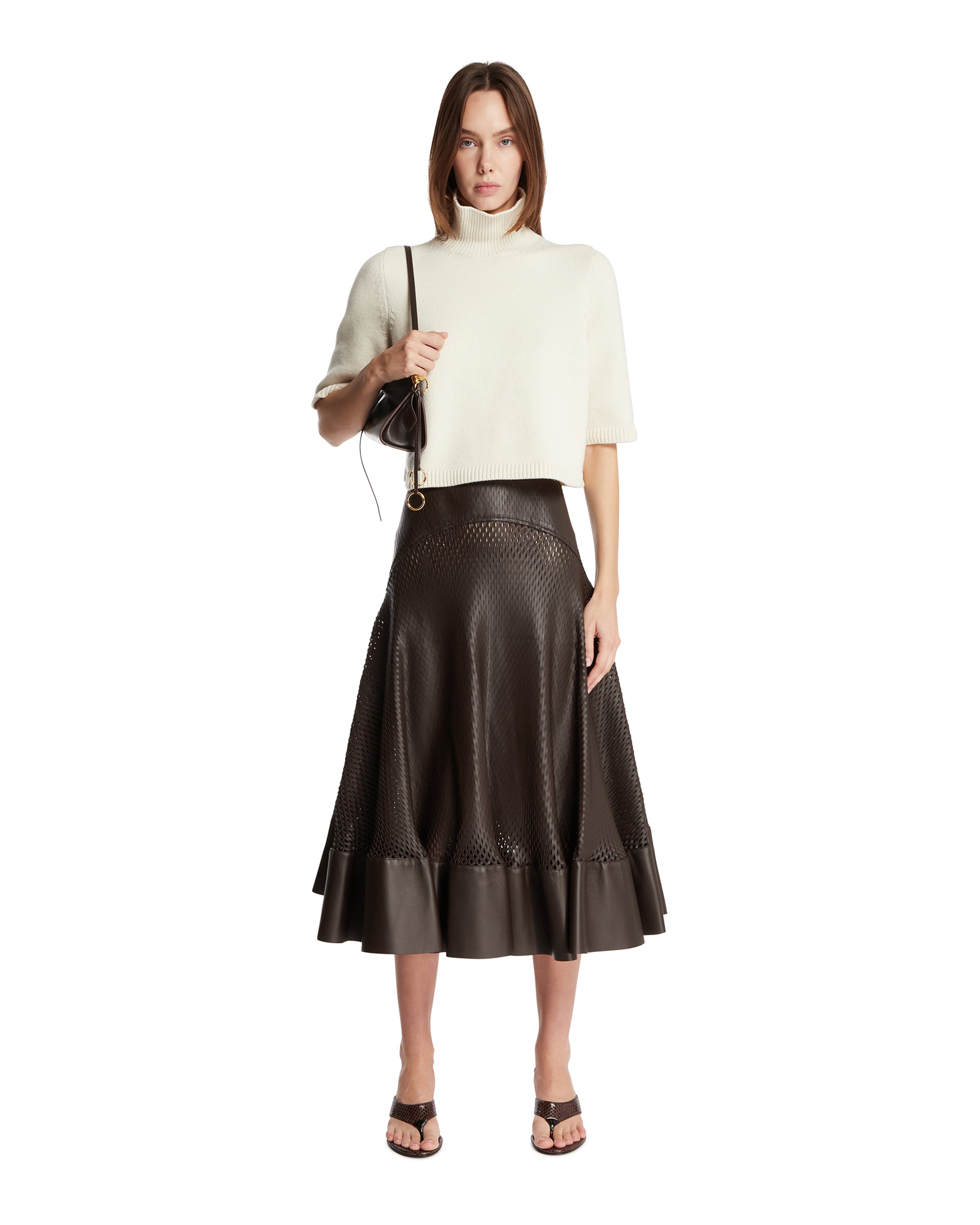 Brown Perforated Leather Flared Skirt | ALAIA - Antonia