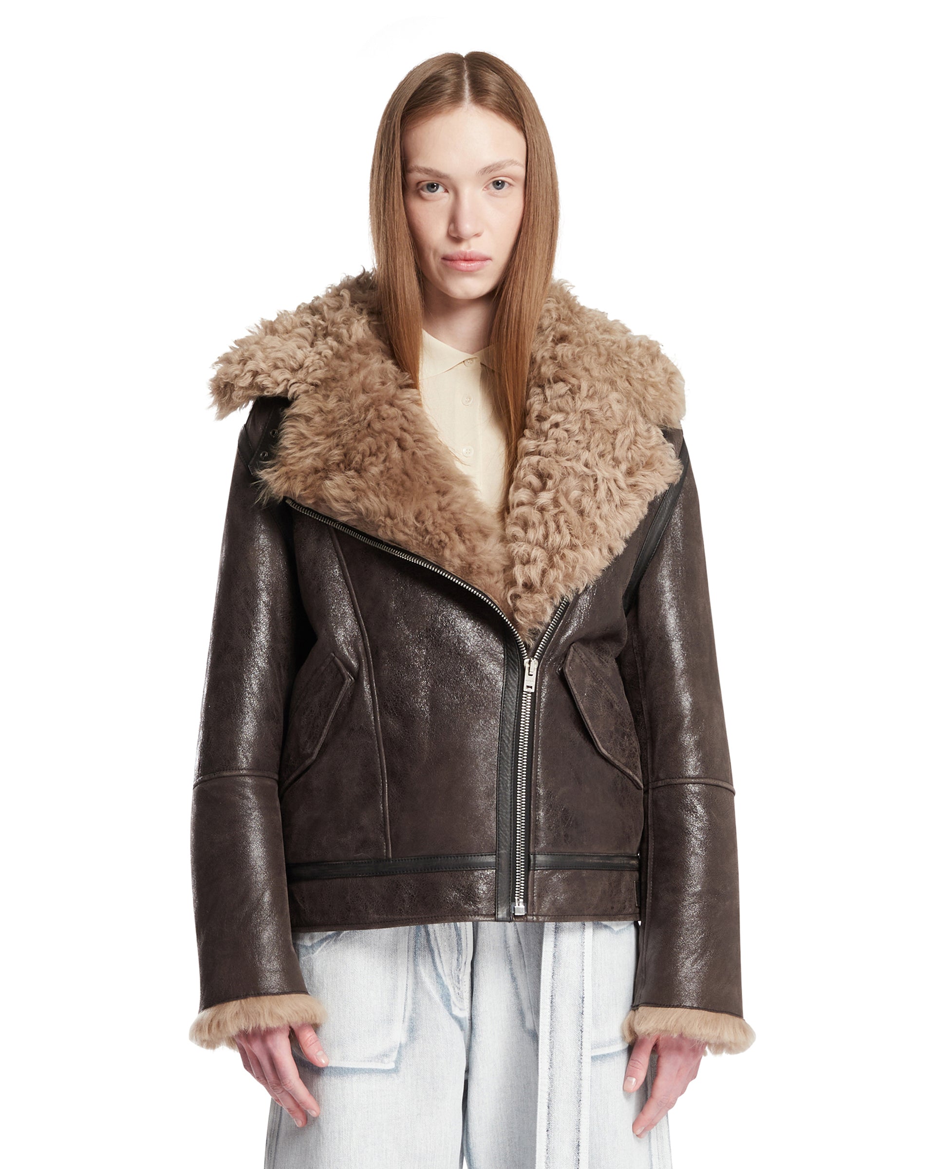 Brown Leather Shearling Jacket | ACNE STUDIOS - Antonia