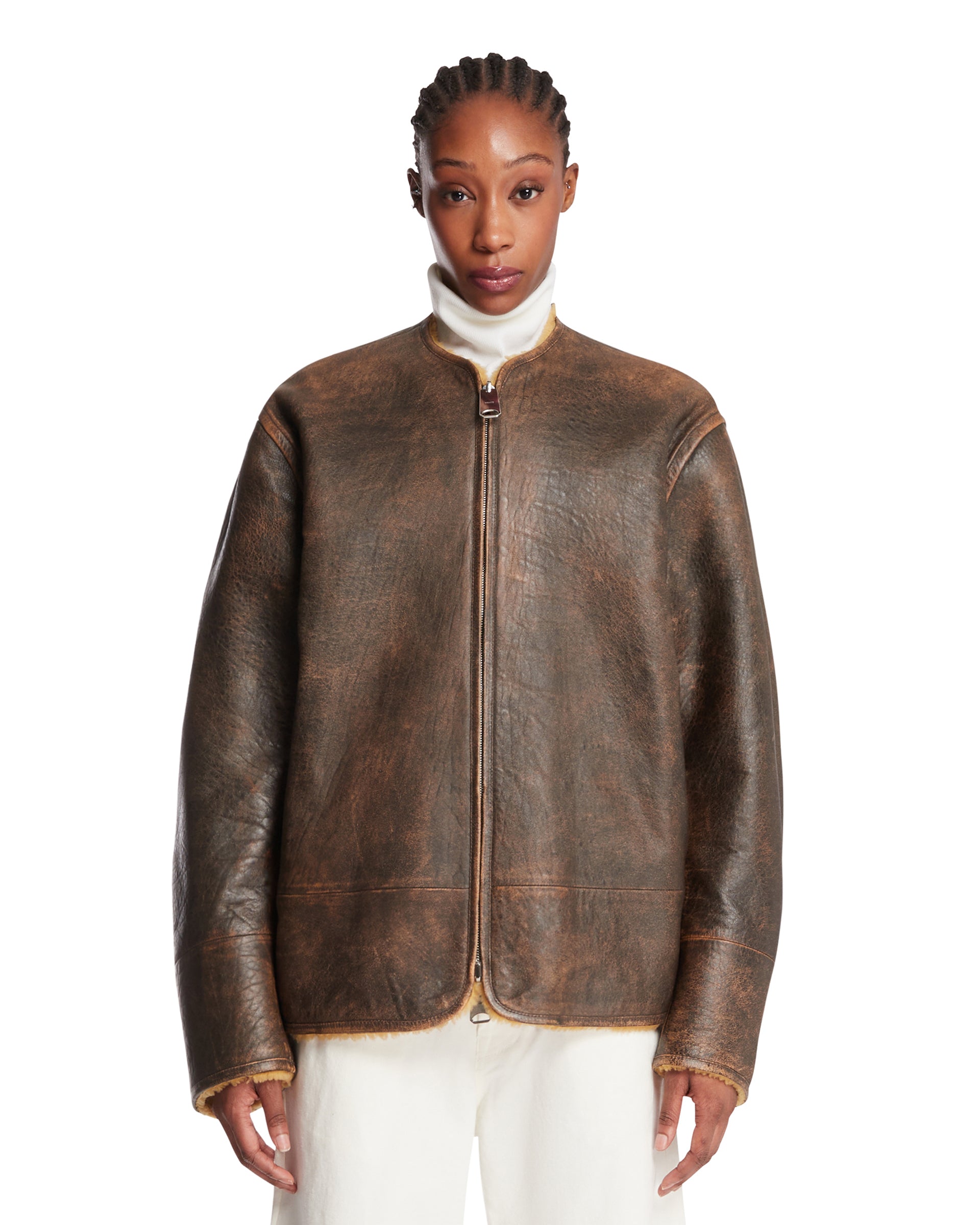 【Nalm.】ribbon-tailored jacket / brown Brown Ruban Leather Jacket | KHAITE - Antonia