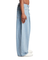 Blue Tab Shortened Wide-Pleated Blue Jeans | PDP | Antonia