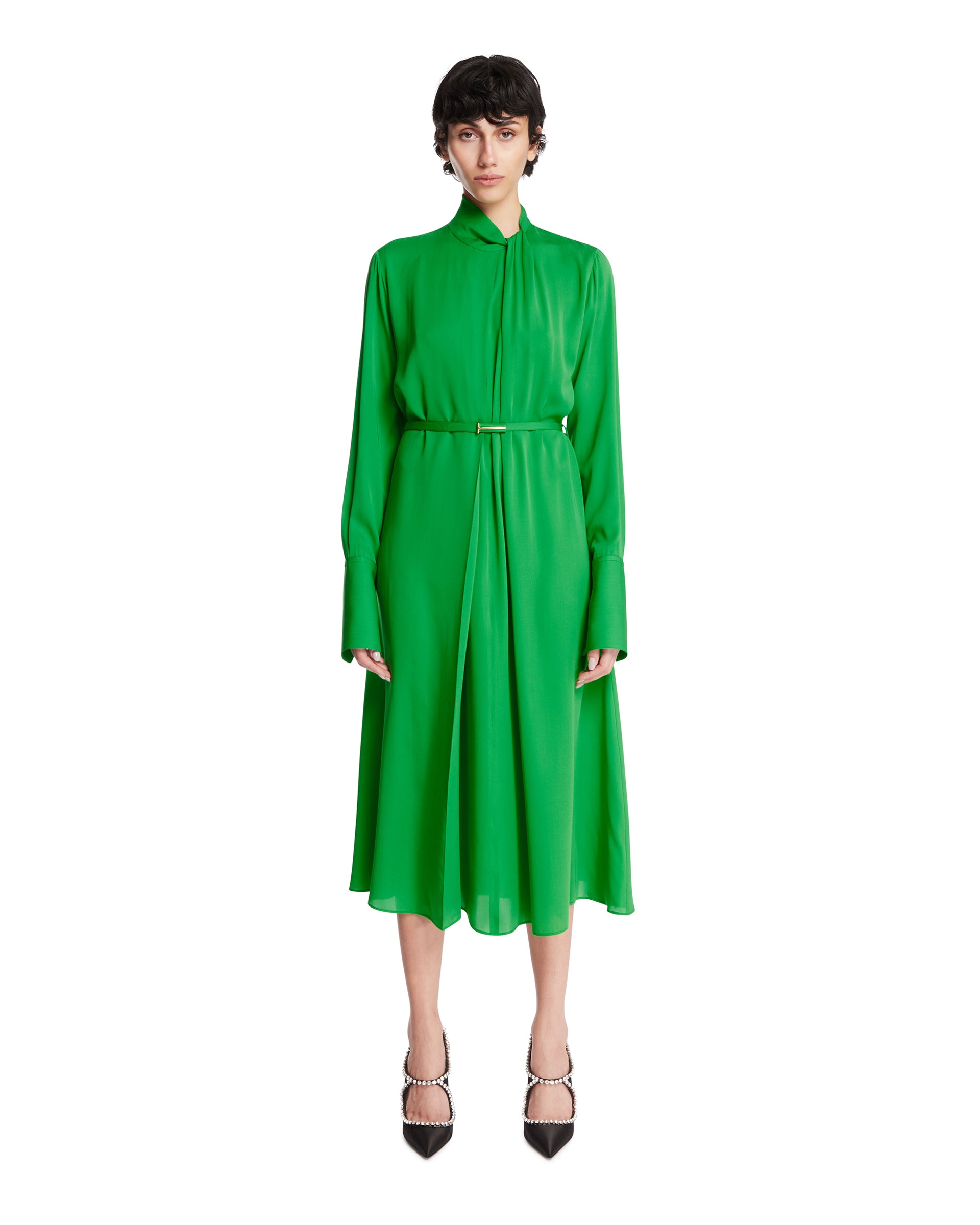 Tom Ford Washed Silk Georgette Belted Midi Dress, Green Clover, Women's, 40, Cocktail & Party Wedding Guest Dresses Satin & Silk Dresses